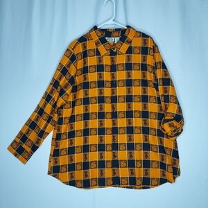 Vtg Halloween Plaid Button Shirt Womens XXL Orange Black Plaid Pumpkin Kitty Cat